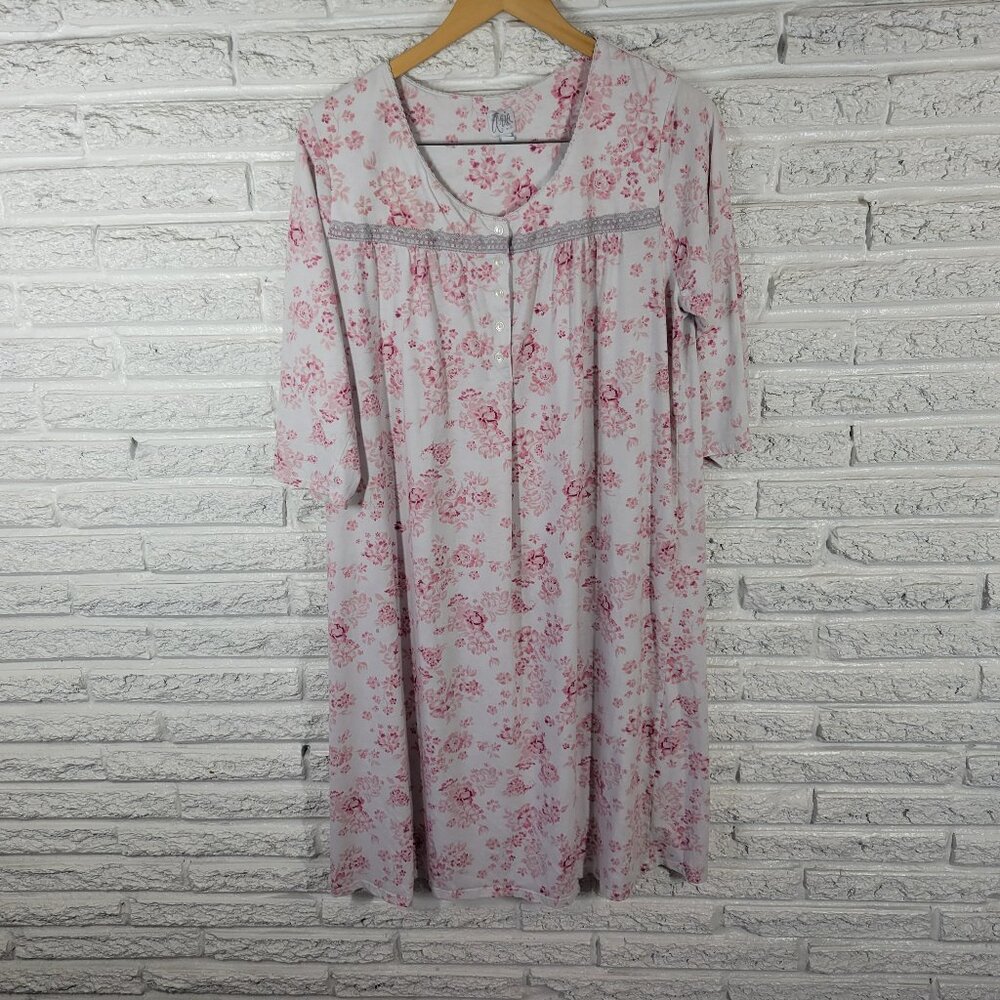 Aria Women's 1X Nightgown Pink White Floral Lace Trim 3/4 Sleeve FLO288E